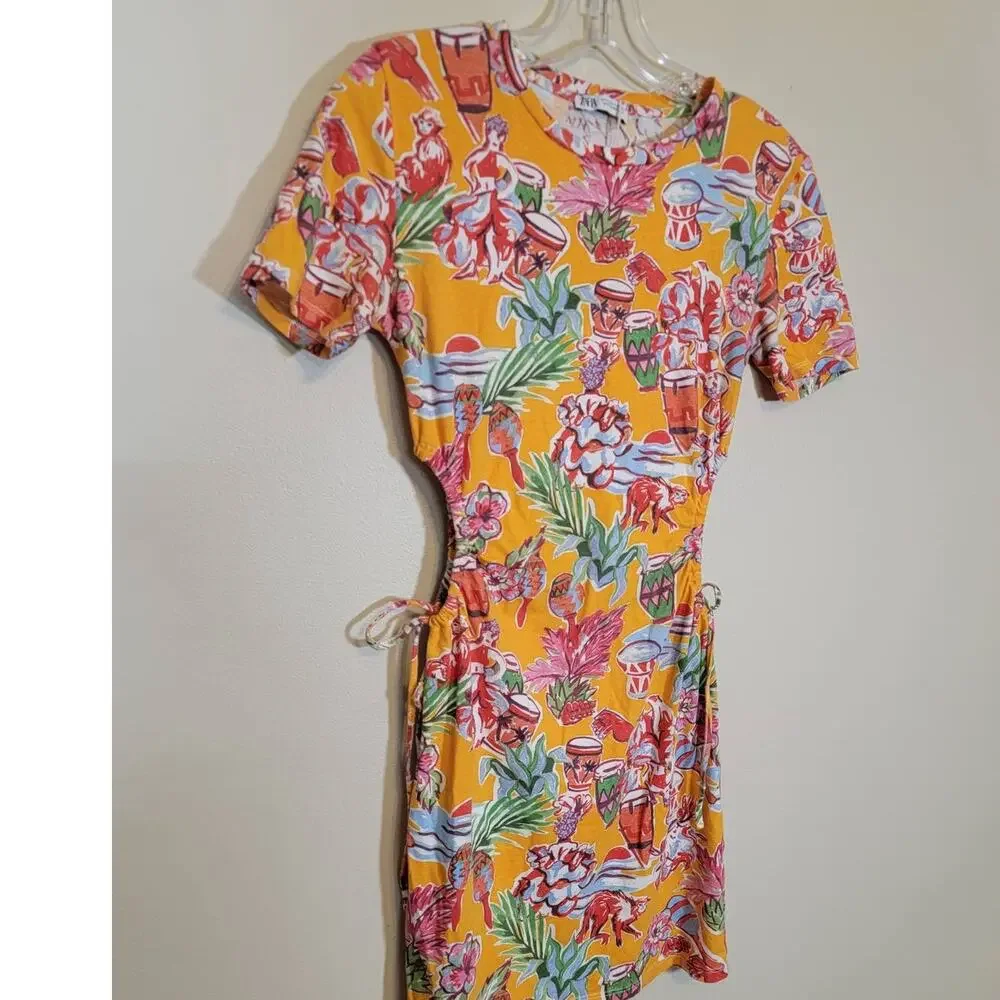 Zara Yellow Tropical Floral Print Mini Dress - Picture 4 of 8